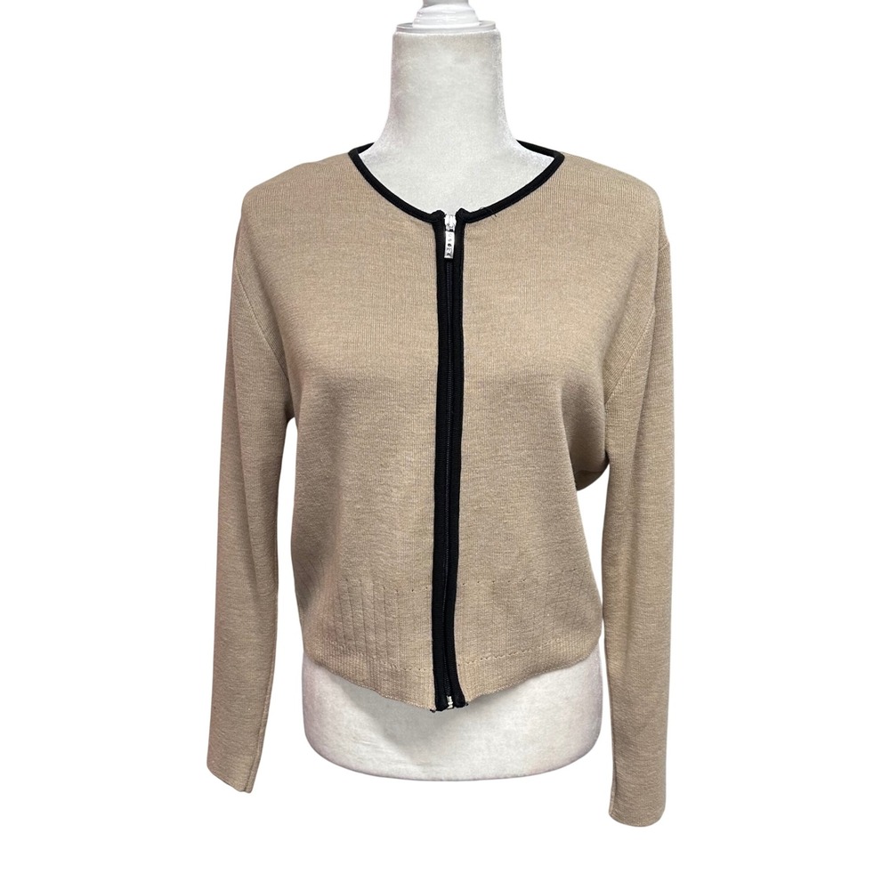 Women's Full Zip Cardigan Neutral Brown Sz L CreNeck Quiet Luxury Old Money Knit
